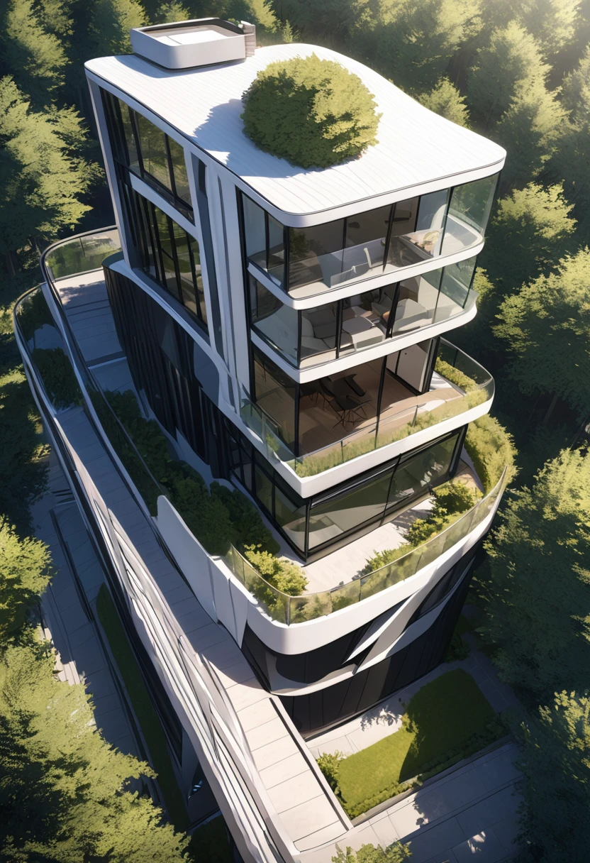 ((((MASTERPIECE)))), HIGH QUALITY,villa,Zaha Hadid,Contemporary Architecture,composite materials facade includes glass and metal,forest,Top-view,sun light –ar 16:9 –v6.0