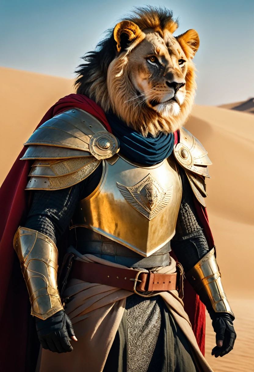 arafed image of a lion dressed in armor and a cape, lion warrior, king of the desert, wojtek fus, the king in the desert, scene from dune 2 0 2 1 movie, film still from dune 2020, persian warrior, powerful warrior, lord of beasts, by Adam Marczyński, cgsociety ), amazing wallpaper