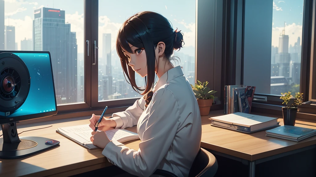woman sitting at desk with computer and writing in front of window, digital anime illustration, artwork in the style of guweiz, makoto shinkai cyril rolando, beautiful digital illustration, digital art ilya kuvshinov, rossdraws global illumination, inspired by Atey Ghailan, trending on cgstation, in style of makoto shinkai