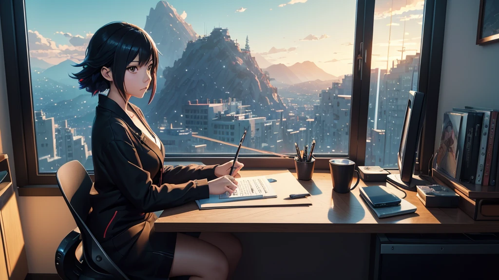 woman sitting at desk with computer and writing in front of window, digital anime illustration, artwork in the style of guweiz, makoto shinkai cyril rolando, beautiful digital illustration, digital art ilya kuvshinov, rossdraws global illumination, inspired by Atey Ghailan, trending on cgstation, in style of makoto shinkai