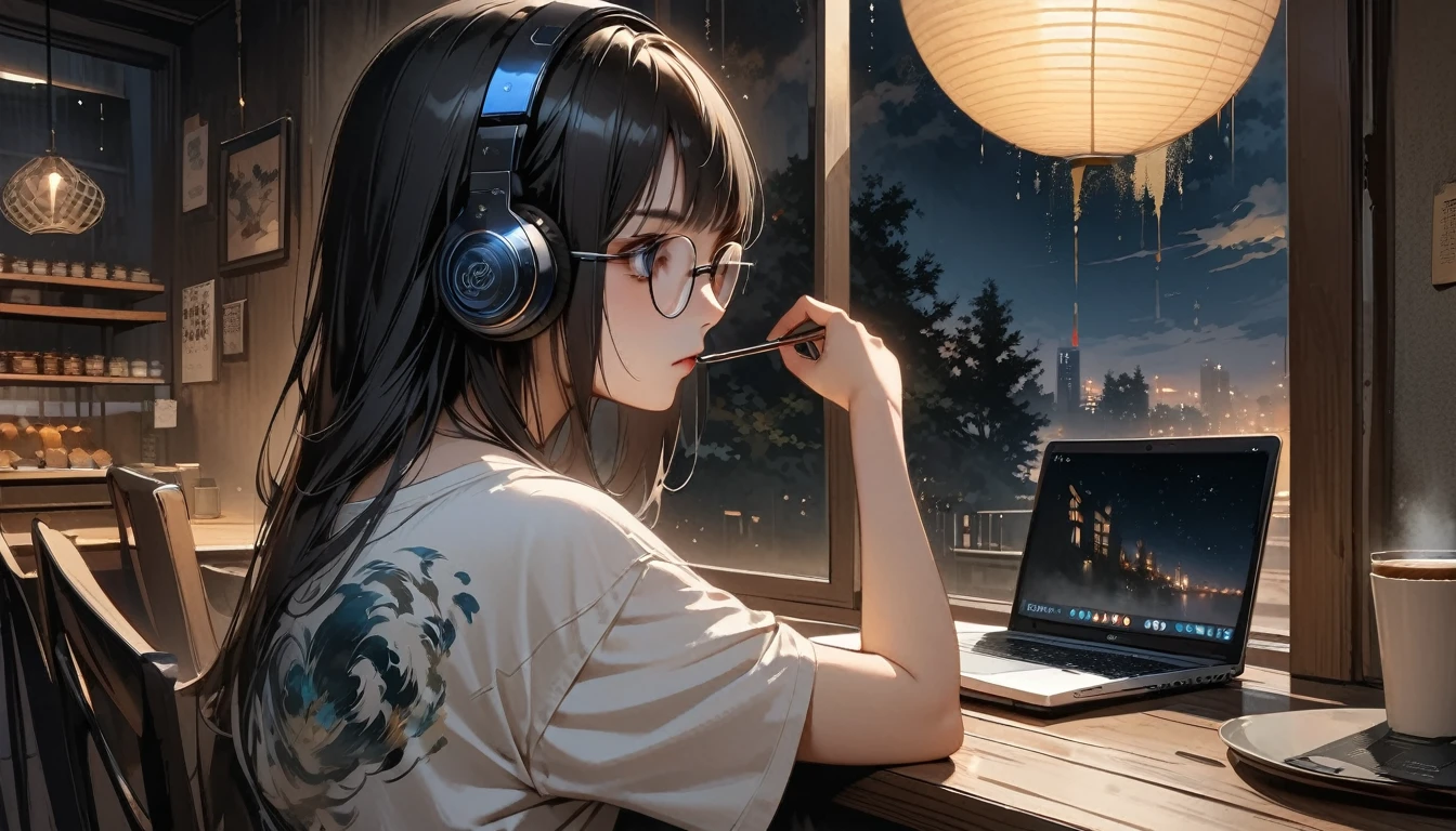 (((from behind))), ((8k of extremely detailed CG unit, Masterpiece, high resolution, highest quality, highest quality real texture skin)), (((indirect lighting))), (((Cafe with a calm atmosphere))), (((Big window with night sky))), (((Japanese style headphones,Glasses))), ((1One Coffee)), ((1 girl)), ((laptop)), (Japanese pattern T-shirt, denim), (Black hair, messy hair, beige skin), (surreal, digital painting)