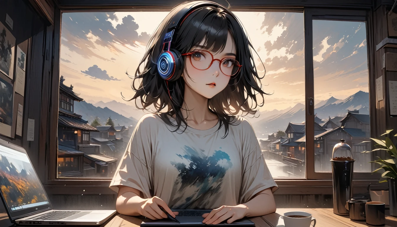 (((from behind))), ((8k of extremely detailed CG unit, Masterpiece, high resolution, highest quality, highest quality real texture skin)), (((indirect lighting))), (((Cafe with a calm atmosphere))), (((Big window with night sky))), (((Japanese style headphones,Glasses))), ((1One Coffee)), ((1 girl)), ((laptop)), (Japanese pattern T-shirt, denim), (Black hair, messy hair, beige skin), (surreal, digital painting)