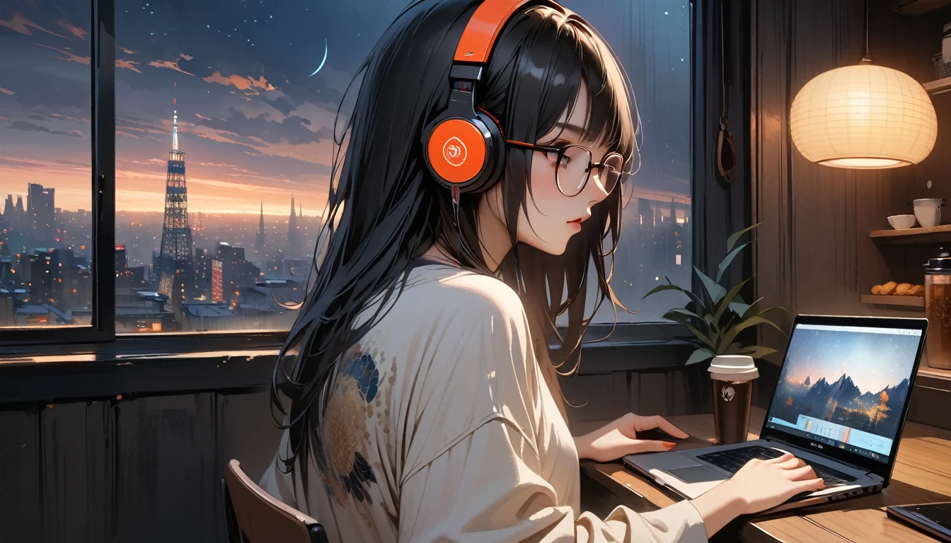(((from behind))), ((8k of extremely detailed CG unit, Masterpiece, high resolution, highest quality, highest quality real texture skin)), (((indirect lighting))),  (((Cafe with a calm atmosphere))), (((Big window with night sky))), (((Japanese style headphones,Glasses))), ((１One Coffee)),  ((1 girl)), ((laptop)), (Japanese pattern T-shirt, denim), (Black hair, messy hair, beige skin), (surreal, digital painting)