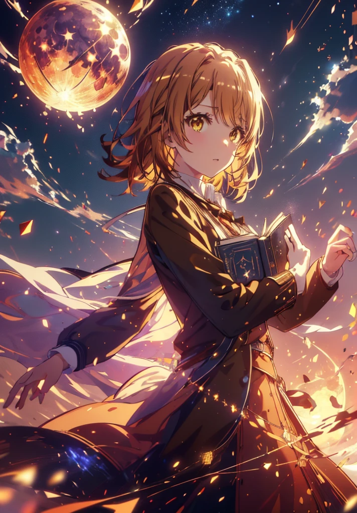 Irohaisshiki, isshiki iroha, short hair, Brown Hair, (Brown eyes:1.5), smile,((Night Sky)),((Big full moon)),((Sparkling and colorful stars)),Fluffy hair,((Idol style costume with soft volume)),Long skirt,Holding a magic book in his right hand、,Use magic with your left hand,((witch)),Rubik'正方shape,
break outdoors, forest,forest
break looking at viewer,Upper Body,
break (masterpiece:1.2), Highest quality, High resolution, unity 8k wallpaper, (shape:0.8), (Narrow and beautiful eyes:1.6), Highly detailed face, Perfect lighting, Extremely detailed CG, (Perfect hands, Perfect Anatomy),