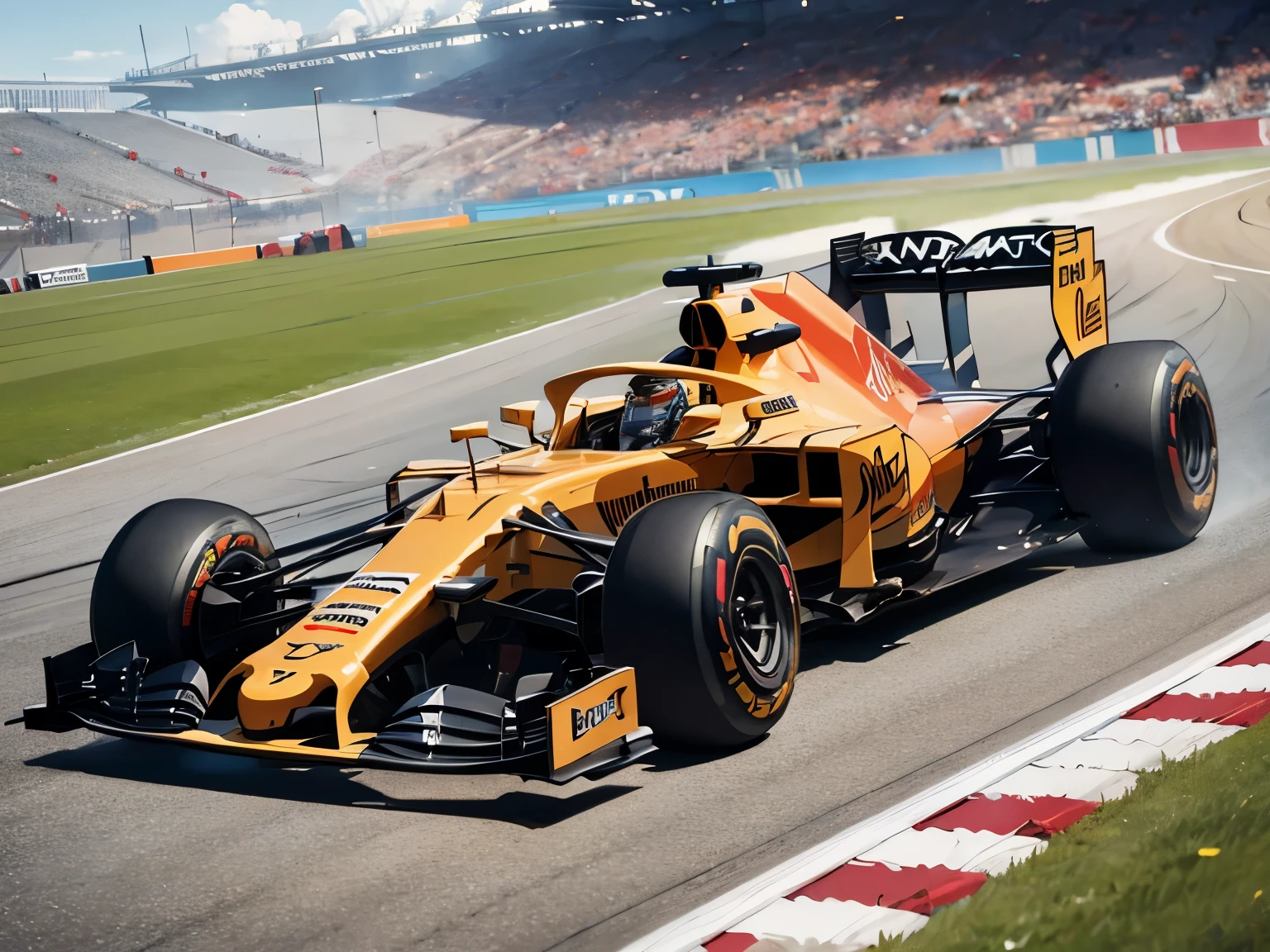F1 car racing through a stadium, masterpiece, best quality, super detail