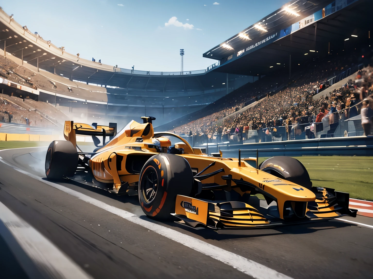 a formula one racing car speeding through a racetrack, extremely detailed car, hyperrealistic, incredibly detailed racing environment, high-quality 3D rendering, dynamic motion blur, dramatic lighting, vibrant colors, photorealistic, cinematic composition, intricate details on the car, pristine racing track, towering grandstands, cheering crowd, golden hour lighting, volumetric fog, dramatic sky, photorealistic shading and textures