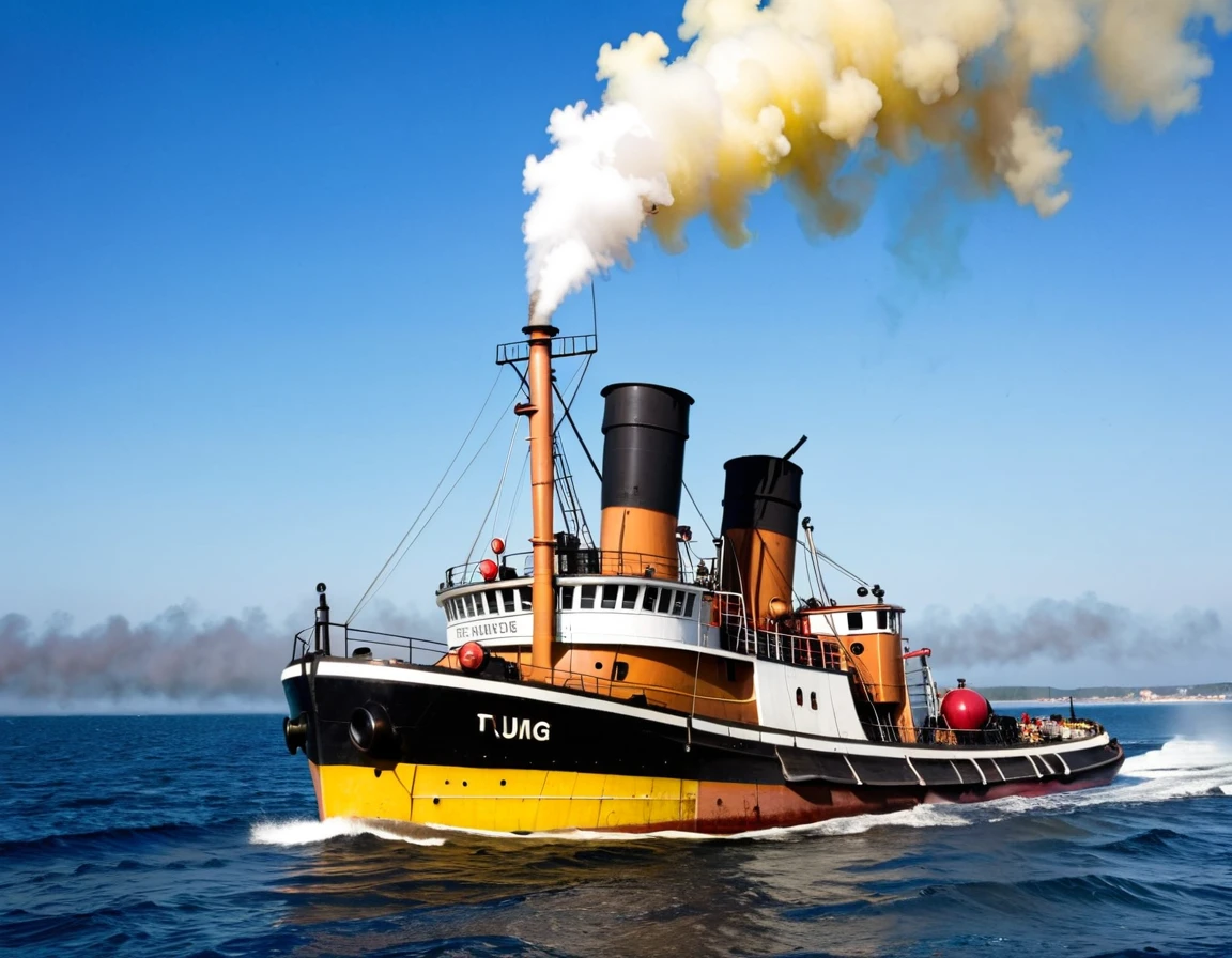 Old steam tug. working hard. Open sea. clear blue sky. one big wide central smoking funnel behind wheel house on superstructure  ((brown smoke))(((yellow smoke)))(white smoke). 