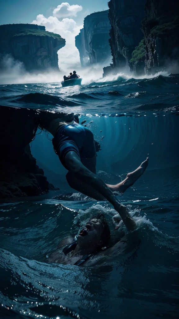 Kai was drowning and shouting for help, Kai was fighting to save his life in the sea, 4k realistic imagery, blue scenery like a movie scene, old american setting, inspired by blade runner movie scene, blue tone, 9:16 aspect ratio