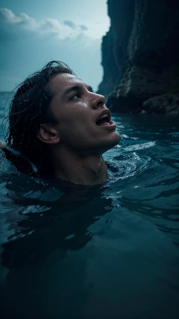 Kai was drowning and shouting for help, Kai was fighting to save his life in the sea, 4k realistic imagery, blue scenery like a movie scene, old american setting, inspired by blade runner movie scene, blue tone, 9:16 aspect ratio