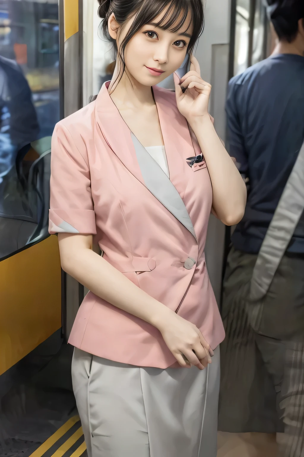 (masterpiece:1.2, Highest quality:1.2), 32k HDR, High resolution, (alone、1 girl)、(On the rooftop of a building in the daytime、Professional Lighting)、Building rooftop background、(Nankai train crew uniform pinkを着たリアルスタイル)、(Nankai train crew uniform pink short sleeve collarless pink jacket、Nankai Train Crew Uniform Pink Collarless Short Sleeve Blouse、Nankai Train Crew Uniform Pink Grey Knee-length Culottes)、((The bottom of the pink short-sleeved jacket cannot be tucked into the clay-colored culottes.))、Dark brown hair、(Hair tied up、Hair Bun、Hair Bun)、Dark brown hair、Long Shot、Big Breasts、Thin legs、((Great hands:2.0)),((Harmonious body proportions:1.5)),((Normal limbs:2.0)),((Normal finger:2.0)),((Delicate eyes:2.0)),((Normal eyes:2.0)))、(Nankai Train Crew Uniform Pink Grey Knee-length Culottesを見せた美しい立ち姿)、smile