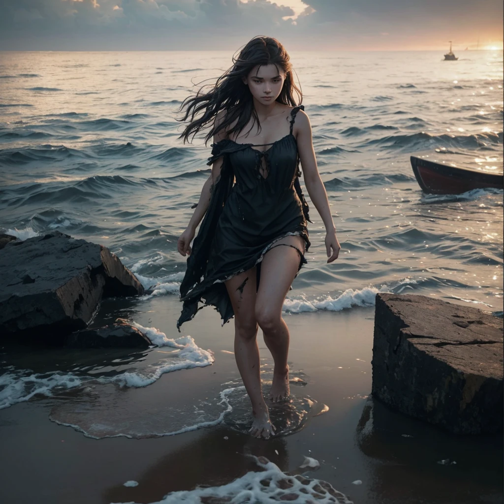 reference sheet: 1.8, great details, high quality, masterful work, a beautiful girl walks along the surface of the water at dusk, gloomy atmosphere, wet dress, gloomy background, River, stones, Dry trees, girl in a wet dress, Barefoot, bare legs, got lost, girl in search, in a torn dress, torn clothes, torn fabric, pieces of cloth, came ashore after a shipwreck, shipwrecks float in the distance, wounds and abrasions on the body, идет и limps, in search of accommodation and food, a seriously wounded girl in scraps of dress and torn fabric, holds the wet hem of her dress with one hand, wounded body, seriously wounded girl can barely walk, blood из раны, blood, twilight, sunny goes beyond the horizon, it&#39;s getting dark , limps, 