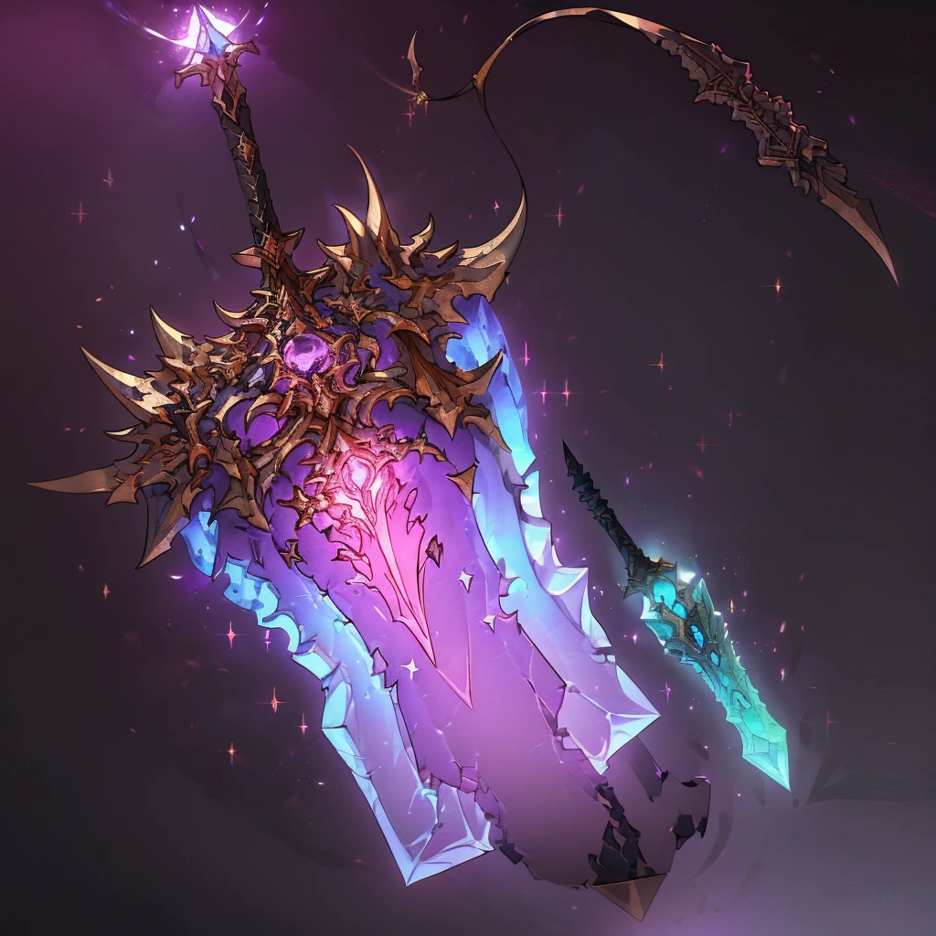Visualize a medieval fantasy hammer resting on a stone pedestal in the center of an empty, dimly lit chamber. The hammer, forged from an ancient and enchanted metal, exudes a subtle purple glow that pulses rhythmically, casting eerie shadows on the rough-hewn walls. The handle is wrapped in dark leather, intricately embossed with mystical runes and symbols that faintly shimmer with arcane power. The massive head of the hammer is adorned with crystalline veins of amethyst, radiating an aura of formidable magical energy. Surrounding the pedestal are remnants of past enchantments—faded glyphs inscribed on the floor, scattered fragments of enchanted relics, and ancient tomes left open, their pages filled with forgotten spells. Capture the sense of potent magic and latent power in this empty room, where the enchanted hammer awaits a worthy wielder to unlock its true potential in a medieval fantasy world."