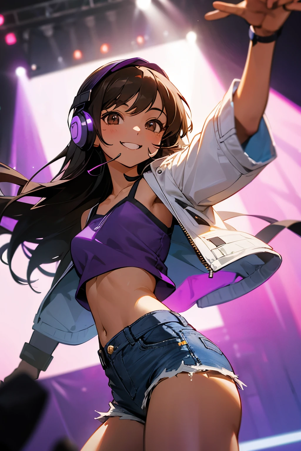 girl, long black hair, light brown skin, brown eyes, (headset with mic), white jacket with hood and purple underside, light purple, black cami top, denim shorts, smiling, performing on stage