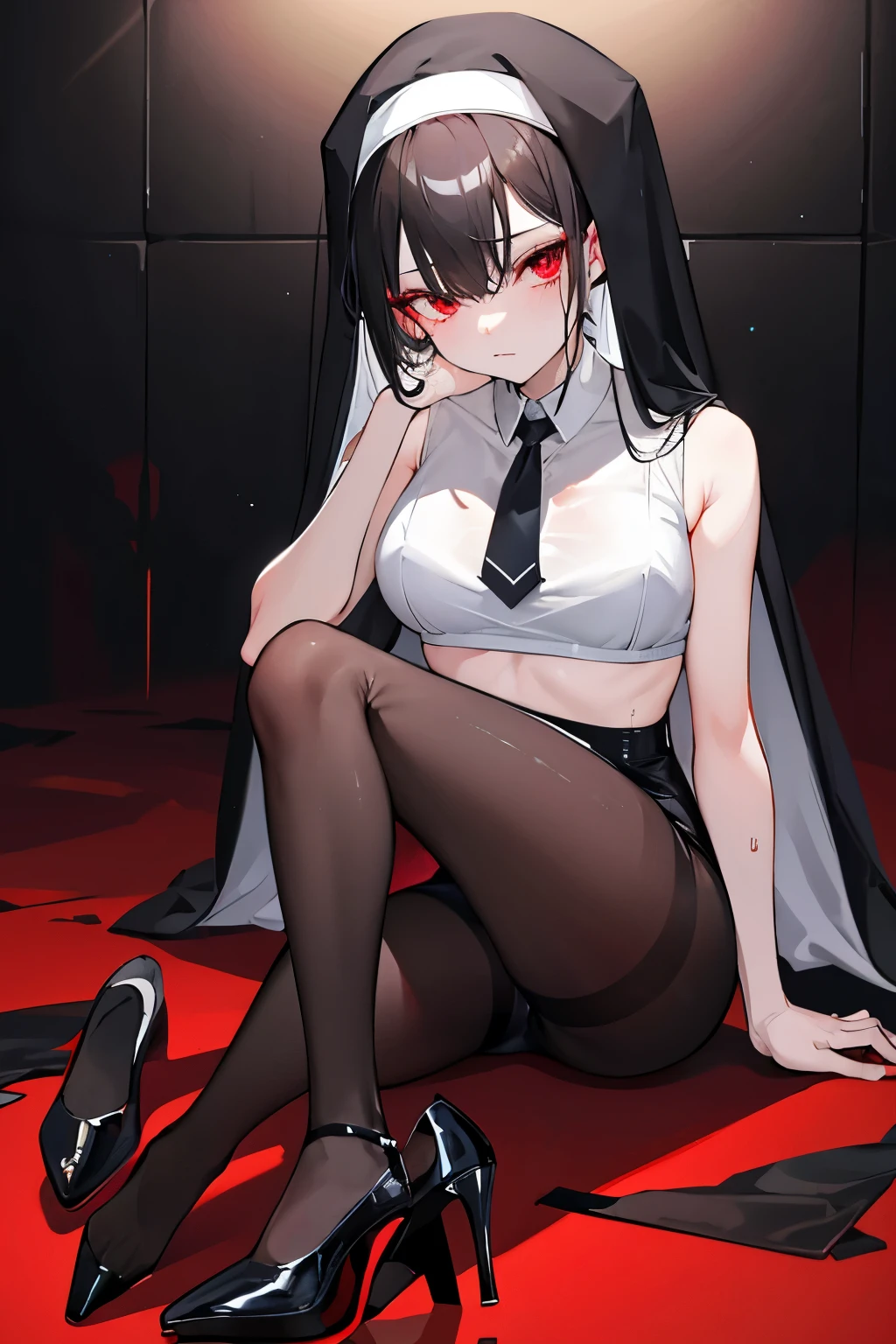 underdressing，High heel，Expression of disgust，Red Eyes，Sweat，Soaked，liquid，transparent，Cropped tops，nun，stocking，Black pantyhose，Sitting