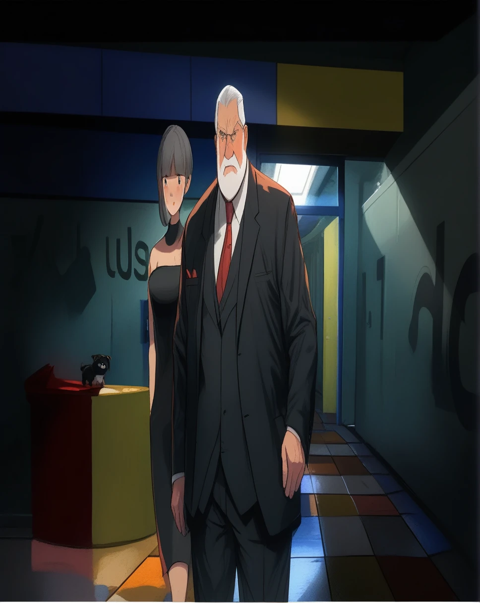 children's picture books,crayon paintings,blush., 1 old man, fat, mafia boss, white beard , 45 years old, black expensive suite, white short hair, in an old train, with his secretary, a woman young, black short, black hair