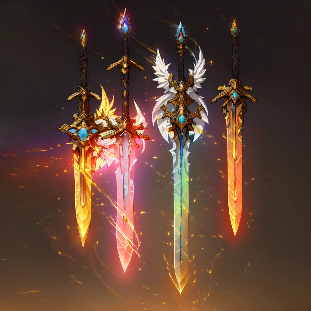Imagine a holy weapon resting in the center of a grand, ancient cathedral bathed in golden light. This sacred sword, its blade forged from gleaming, blessed steel, radiates an aura of divine power. The hilt is adorned with intricate carvings of angels and sacred symbols, inlaid with precious gems that glisten like stars. The crossguard is shaped like outstretched wings, and the pommel holds a radiant crystal that pulses with pure, heavenly light. The cathedral is silent and reverent, with tall, stained glass windows depicting epic battles between light and darkness casting colorful patterns on the stone floor. Surrounding the sword are relics of saints, illuminated manuscripts, and altars draped in fine silk. Capture the essence of holiness and divine purpose in this medieval fantasy setting, where the sacred weapon stands as a beacon of hope and righteousness, waiting for a chosen hero to wield it in the eternal battle against evil."