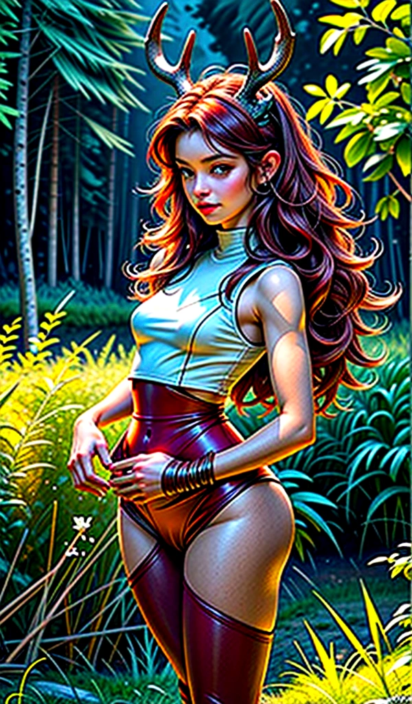 ​masterpiece, high-detailed, hyper-realistic, Full body shot from above of a small, beautiful druid woman, dancing on the grass in the middle of the forest, perfect facial features, thin, deer-like nose, thickness, küssbare Lippen, expressive bright green eyes with a sad look, pointy ears, curly red hair, stag horns, perfect little curvy and fit body shape, Hooves, Deer-like feet,edgAntler