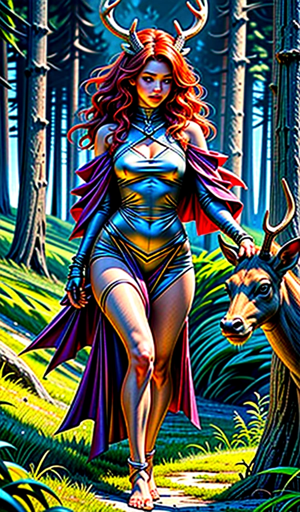 ​masterpiece, high-detailed, hyper-realistic, Full body shot from above of a small, beautiful druid woman, dancing on the grass in the middle of the forest, perfect facial features, thin, deer-like nose, thickness, küssbare Lippen, expressive bright green eyes with a sad look, pointy ears, curly red hair, stag horns, perfect little curvy and fit body shape, Hooves, Deer-like feet,edgAntler