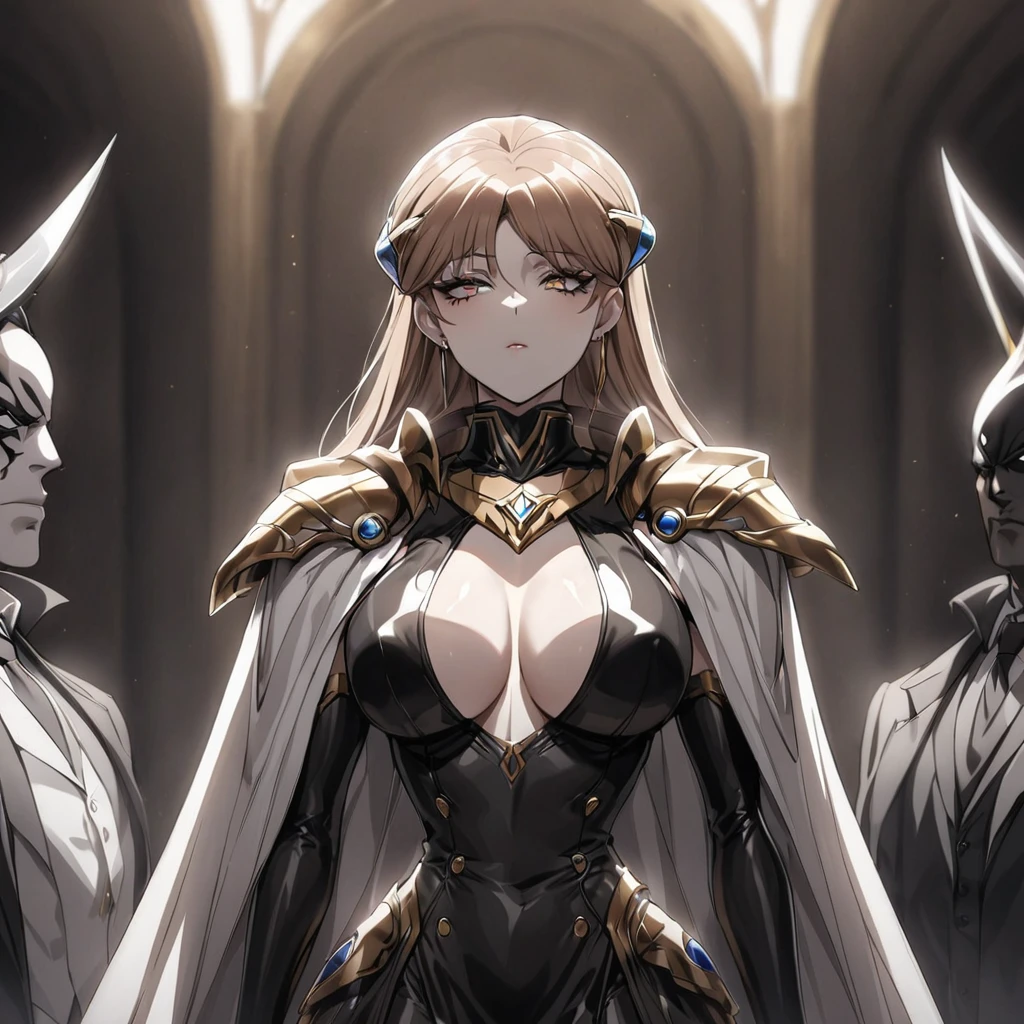 ((Highest quality)), ((masterpiece)), (detailed), (Perfect Face)、The woman is Princess Leona, with medium-long light brown hair, wearing a shiny, flashy, sexy, revealing black dress bodysuit, an open-front skirt, a cape, a headgear, lipstick and makeup, and is an evil female executive who is standing next to a man who is the dignified boss of an evil organization.、Women are brainwashed, expressionless, and have no highlights in their eyes.