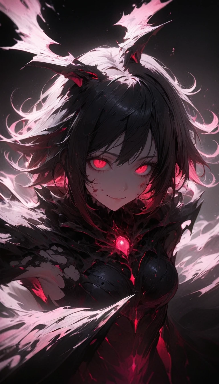 a portrait of a monster girl with a wide, sly smile with all of her pitch-black eyes facing upwards, scary , ultra wide-angle, Grainy , mysterious color , infrared lighting . Super detailed, photorealistic, splattered, spattered , cinematic light , black background , Cycles render, intricate artwork masterpiece , dreamy, glowing, backlit, glamour, vibrant, ultra high quality model, 4K