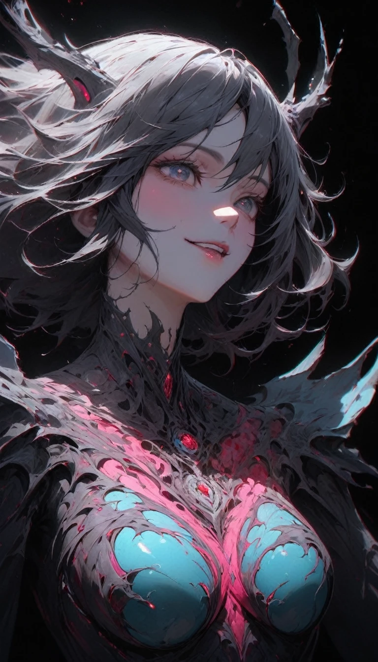 a portrait of a monster girl with a wide, sly smile with all of her pitch-black eyes facing upwards, scary , ultra wide-angle, Grainy , mysterious color , infrared lighting . Super detailed, photorealistic, splattered, spattered , cinematic light , black background , Cycles render, intricate artwork masterpiece , dreamy, glowing, backlit, glamour, vibrant, ultra high quality model, 4K