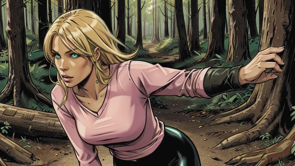 one person, sexy female blond character, green eyes, pink long-sleeve T-shirt, black leggings, fighting with monsters in forest