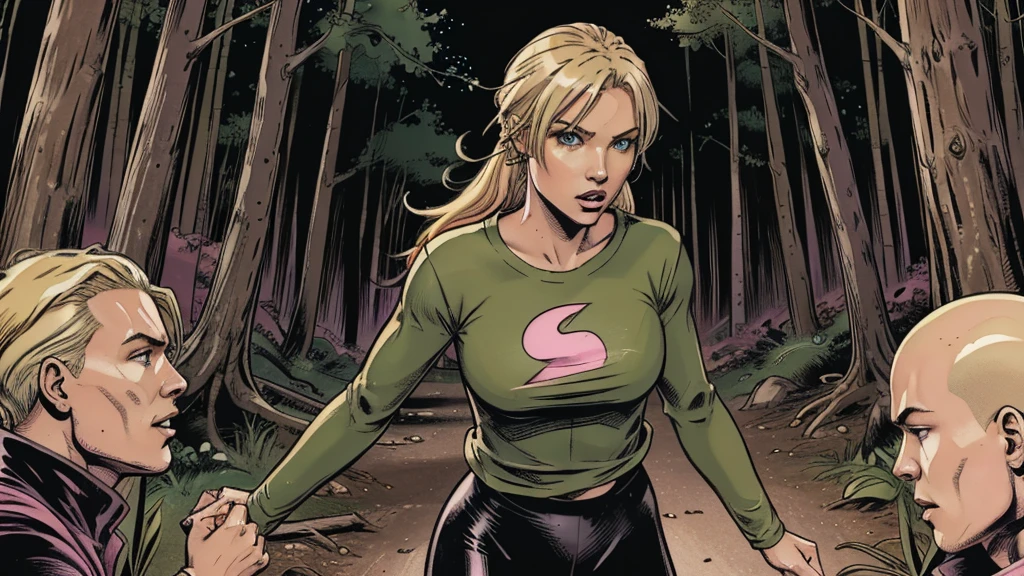 one person, sexy female blond character, green eyes, pink long-sleeve T-shirt, black leggings, fighting with monsters in forest