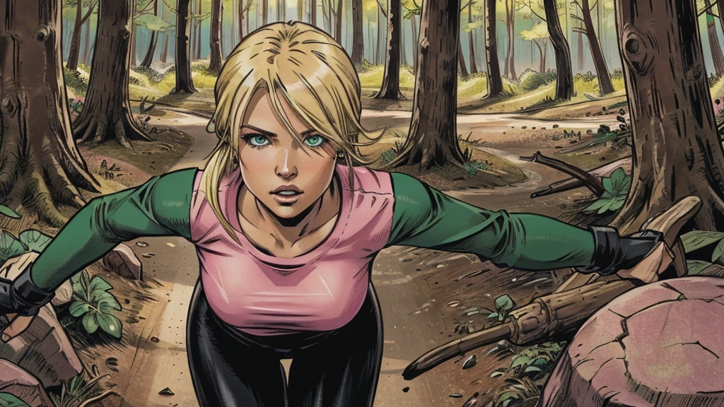 one person, sexy female blond character, green eyes, pink long-sleeve T-shirt, black leggings, fighting with monsters in forest