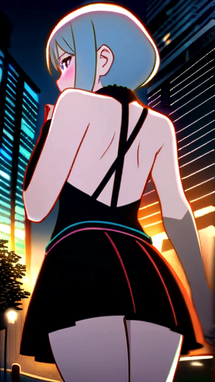 masterpiece, best quality, HuTaoV4, 1girl, solo, blush, twintails, long hair, hair between eyes, ((black 
 bikni)), city, outdoors, night, movie poster, extremely detailed 8K, smooth, high resolution, ultra quality, cinematic lighting, ambient occlusion, hd, 2k, 4k, 8k, 16k, extremely detailed anime, detailed faces, perfect composition, wide shot, atmospheric lighting, very sexy, lift skirt, random low back angle, uncensored, nsfw, sin censura
