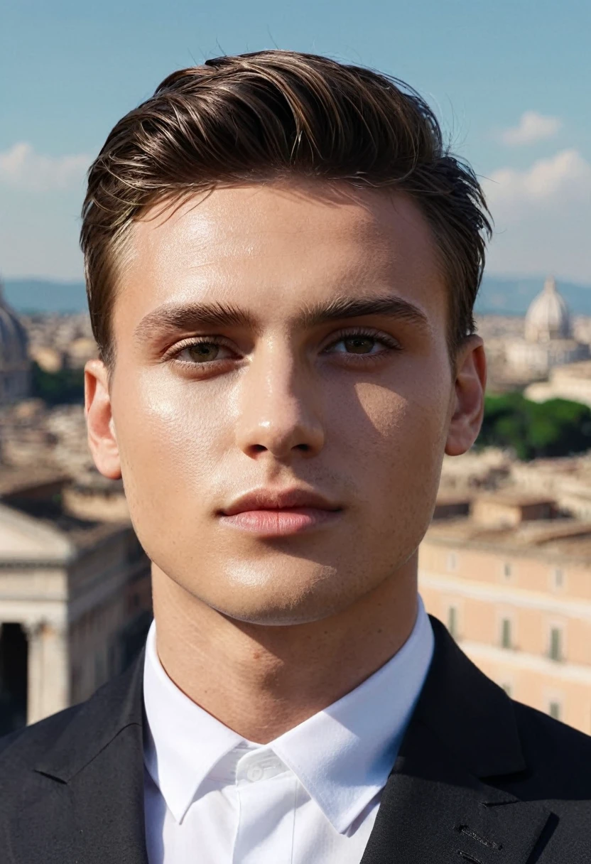 Close up of one young male model in whiteclothes looking to the camera, in front of the skyline of rome of rome, sunny day, not painted, very realistic and detailed faces, skin with pores, 4k, dark suit, skin not smoothed, looking into the camera