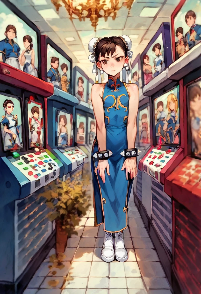 (ultra high quality), detailed face, high resolution, ((masterpiece)), ((best quality)), ((ultra detailed)), delicate, (ultra realistic), ((extremely detailed)), depth of field , ((cowboy photo: 1.4)), ((2girl)), group, sitting on the floor, ((varied poses)), elementary school girl, loly, short stature, , ((no bra)), small build, facing viewer, ((intricate arcade machines)), a row of arcade style machines sitting in a row in a video game room, game controller, game console, controller, television, short sleeve, sleeveless clothing, ( (white waistband)), ((Chun Li))), bows, covered bows, Chinese dress, qipao, blue suit, spiked bracelets, puffed sleeves, brown pantyhose, white boots, flat chest, flat stomach, tiny body, height small