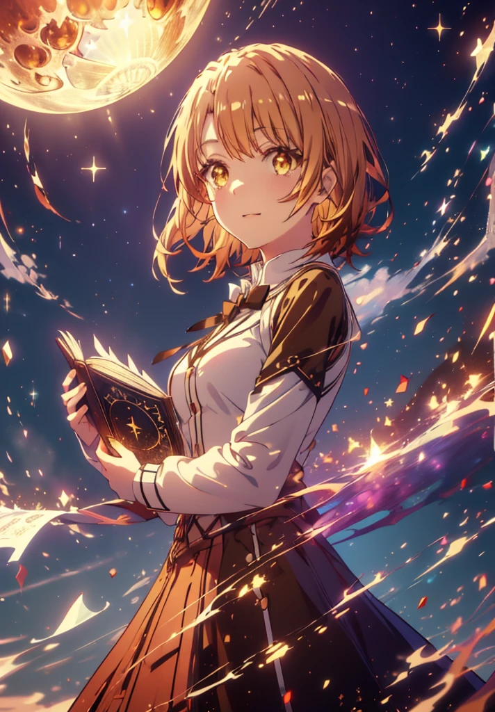 Irohaisshiki, isshiki iroha, short hair, Brown Hair, (Brown eyes:1.5), smile,((Night Sky)),((Big full moon)),((Sparkling and colorful stars)),Fluffy hair,((Idol style costume with soft volume)),Long skirt,Holding a magic book in his right hand、,Use magic with your left hand,((witch)),Rubik&#39;正方shape,
break outdoors, forest,forest
break looking at viewer,Upper Body,
break (masterpiece:1.2), Highest quality, High resolution, unity 8k wallpaper, (shape:0.8), (Narrow and beautiful eyes:1.6), Highly detailed face, Perfect lighting, Extremely detailed CG, (Perfect hands, Perfect Anatomy),