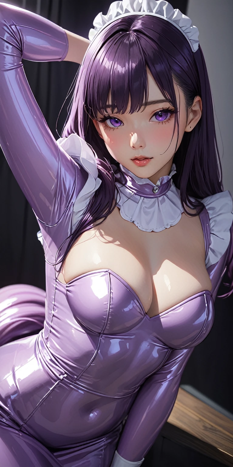 Portrait、(masterpiece,Highest quality,Ultra-high resolution),Japanese women, (((Very beautiful 25 year old girl))),(Light purple latex maid outfit)、(Light purple latex mermaid type skirt)、(A light purple long-sleeved latex shirt covering the upper body)、Light purple latex long gloves、Light purple latex socks、Latex bodysuit、The clothes fit snugly to the body、Latex is very shiny、Dark Room、