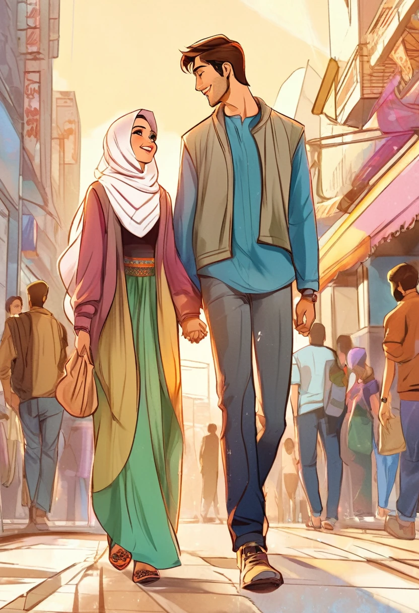 manga style, a beautiful hijab woman and a handsome man in casual clothes are holding hands, digital art, by Marshall Arisman, cover illustration, 70mm, 7 0 mm, 70 mm, book cover illustration, by Brigette Barrager, album cover, novel cover art for a book, art concept for a book cover, cover art, 7 feet tall