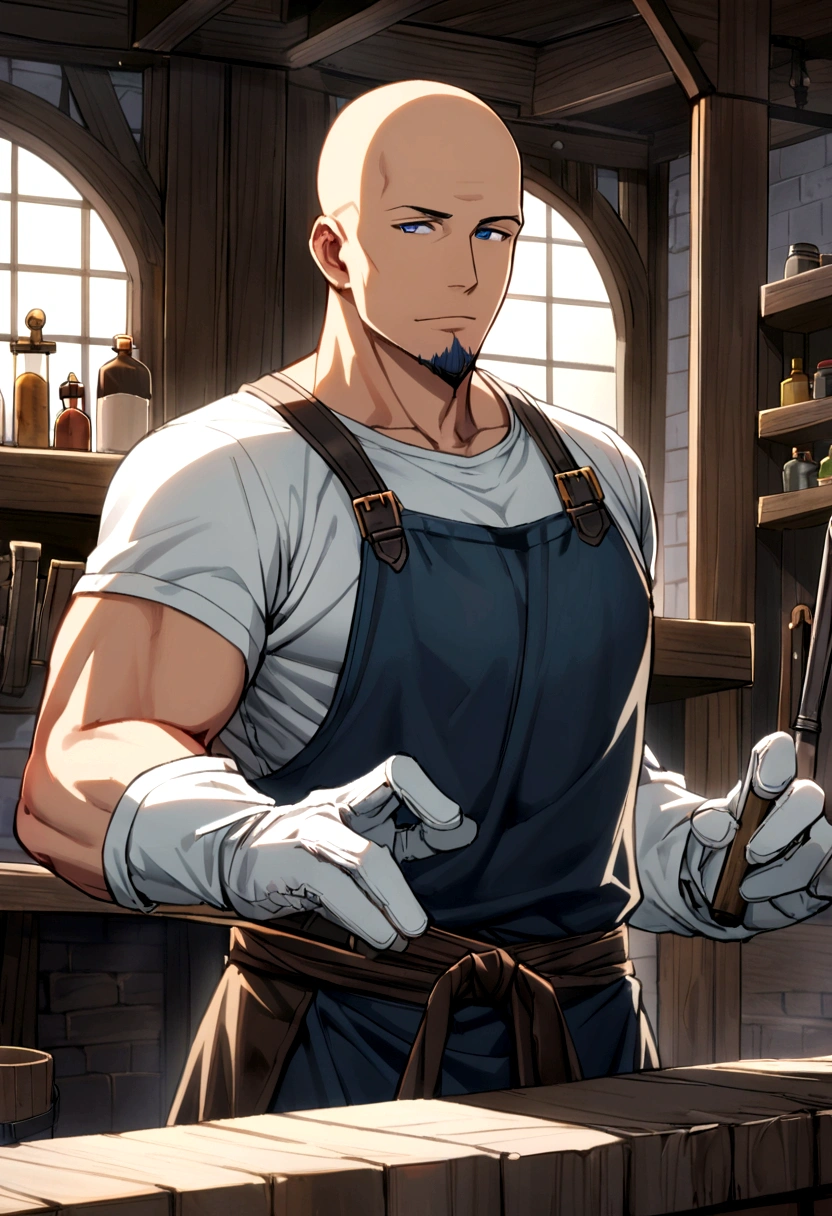 40 year old male, bald head, grey goatee, dark blue eyes, grey tank top, white t-shirt, white gloves, blacksmith
