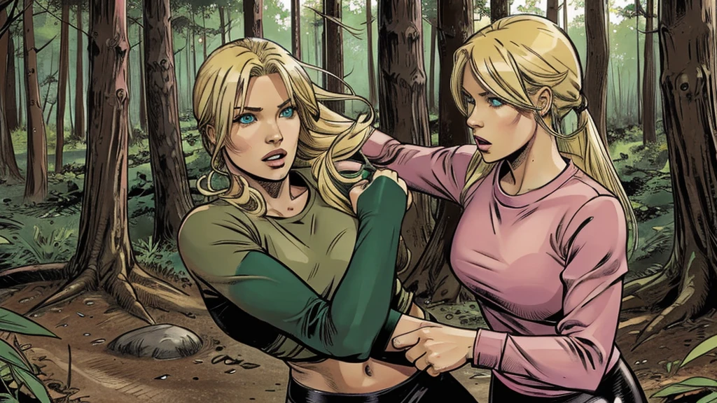 one person, sexy female blond character, green eyes, pink long-sleeve T-shirt, black leggings, fighting with monsters in forest