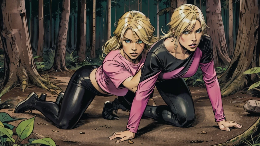 one person, sexy female blond character, green eyes, pink long-sleeve T-shirt, black leggings, fighting with monsters in forest
