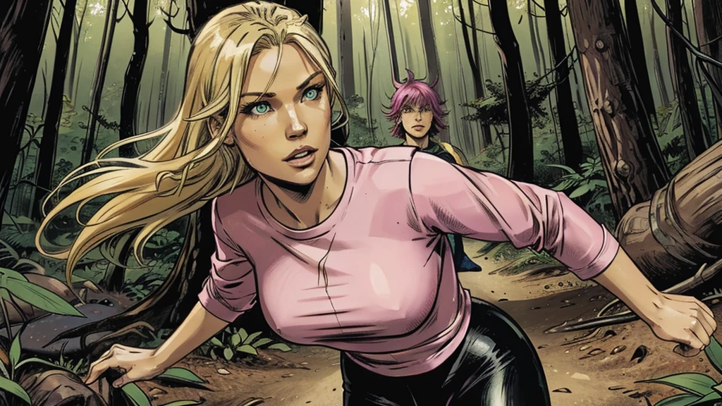 one person, sexy female blond character, green eyes, pink long-sleeve T-shirt, black leggings, fighting with monsters in forest