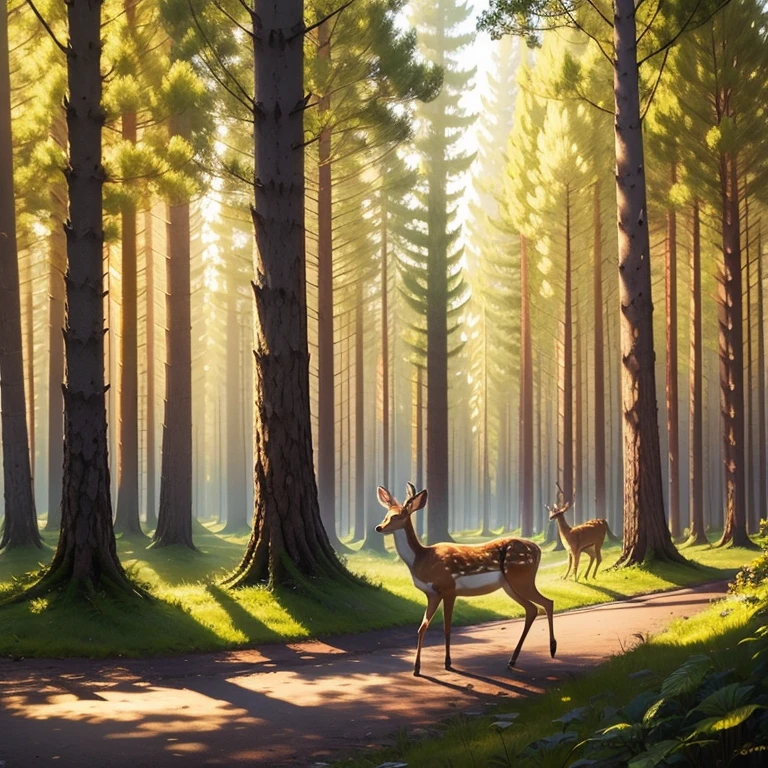Masterpiece, best quality, Forest, sunny day, deer walking