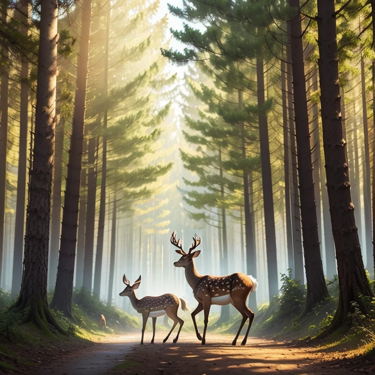 Masterpiece, best quality, Forest, sunny day, deer walking