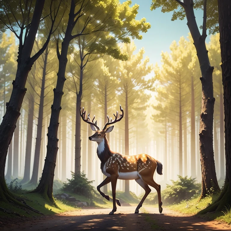 Masterpiece, best quality, Forest, sunny day, deer walking