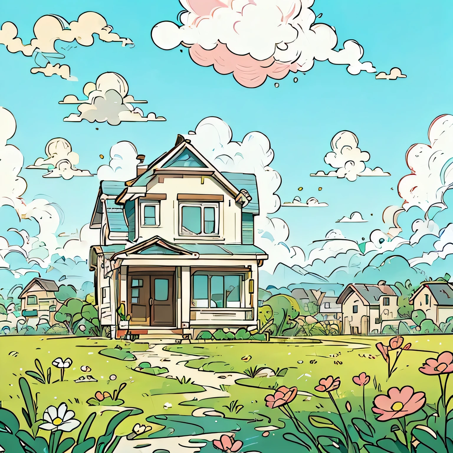 flower,Sky,house,grassland,
Soft warm tones,
Smooth lines,
Simple style,
unlimited color palette,
Flat anime style,