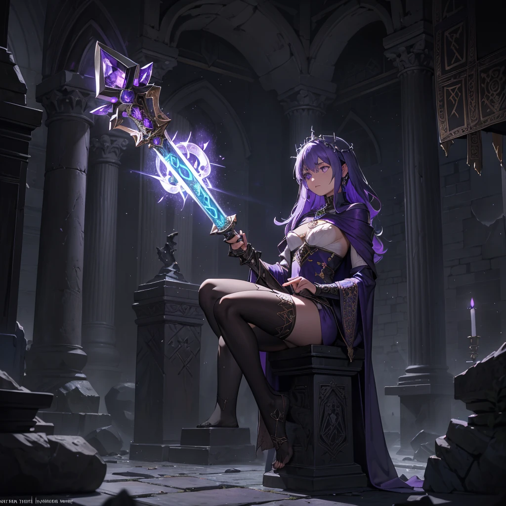 Visualize a medieval fantasy hammer resting on a stone pedestal in the center of an empty, dimly lit chamber. The hammer, forged from an ancient and enchanted metal, exudes a subtle purple glow that pulses rhythmically, casting eerie shadows on the rough-hewn walls. The handle is wrapped in dark leather, intricately embossed with mystical runes and symbols that faintly shimmer with arcane power. The massive head of the hammer is adorned with crystalline veins of amethyst, radiating an aura of formidable magical energy. Surrounding the pedestal are remnants of past enchantments—faded glyphs inscribed on the floor, scattered fragments of enchanted relics, and ancient tomes left open, their pages filled with forgotten spells. Capture the sense of potent magic and latent power in this empty room, where the enchanted hammer awaits a worthy wielder to unlock its true potential in a medieval fantasy world."