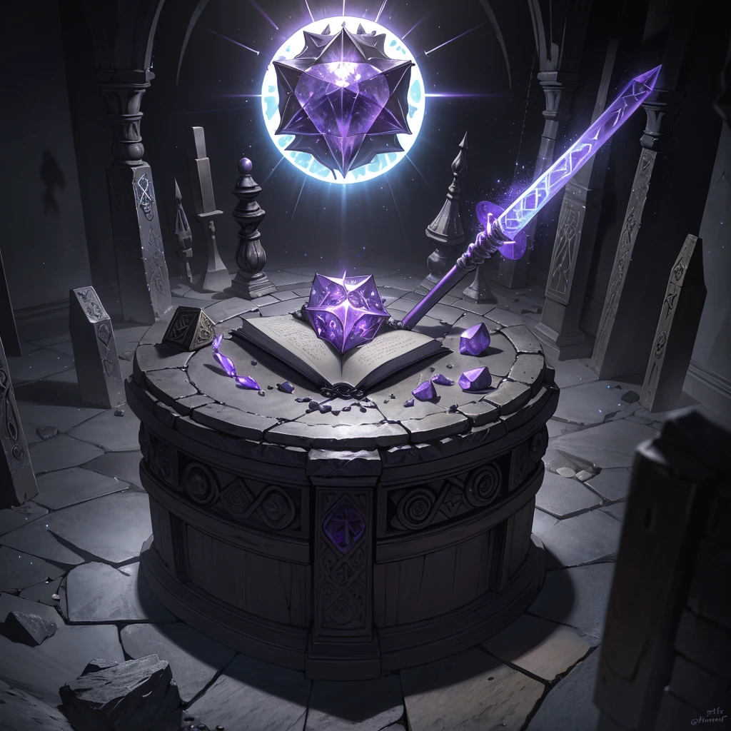 Visualize a medieval fantasy hammer resting on a stone pedestal in the center of an empty, dimly lit chamber. The hammer, forged from an ancient and enchanted metal, exudes a subtle purple glow that pulses rhythmically, casting eerie shadows on the rough-hewn walls. The handle is wrapped in dark leather, intricately embossed with mystical runes and symbols that faintly shimmer with arcane power. The massive head of the hammer is adorned with crystalline veins of amethyst, radiating an aura of formidable magical energy. Surrounding the pedestal are remnants of past enchantments—faded glyphs inscribed on the floor, scattered fragments of enchanted relics, and ancient tomes left open, their pages filled with forgotten spells. Capture the sense of potent magic and latent power in this empty room, where the enchanted hammer awaits a worthy wielder to unlock its true potential in a medieval fantasy world."