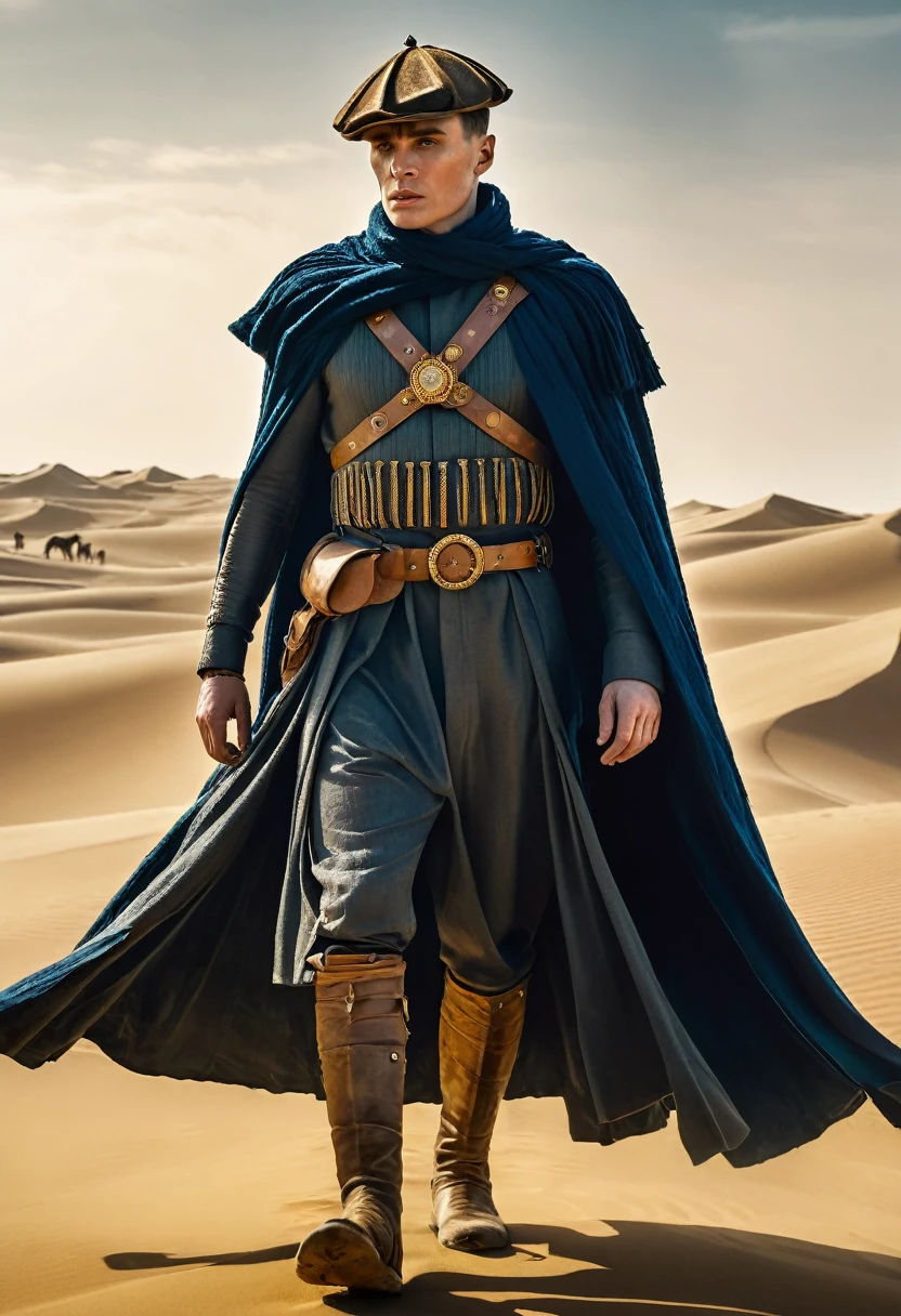 arafed image of a tommy shelby dressed in armor and a cape, peaky blinders warrior, king of the desert, wojtek fus, the king in the desert, scene from dune 2 0 2 1 movie, film still from dune 2020, persian warrior, powerful warrior, lord of beasts, by Adam Marczyński, cgsociety ), amazing wallpaper