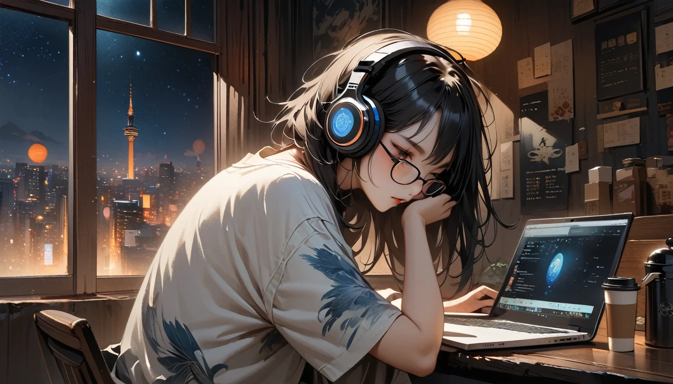 (((from behind))), ((8k of extremely detailed CG unit, Masterpiece, high resolution, highest quality, highest quality real texture skin)), (((indirect lighting))),  (((Cafe with a calm atmosphere))), (((Big window with night sky))), (((Japanese style headphones,Glasses))), ((１One Coffee)),  ((1 girl)), ((laptop)), (Japanese pattern T-shirt, denim), (Black hair, messy hair, beige skin), (surreal, digital painting)