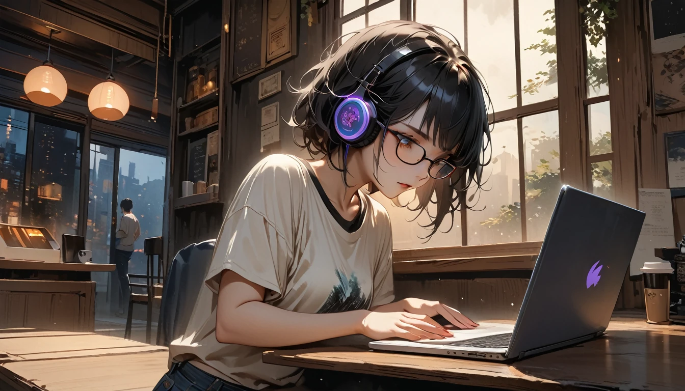 (((from behind))), ((8k of extremely detailed CG unit, Masterpiece, high resolution, highest quality, highest quality real texture skin)), (((indirect lighting))), (((Cafe with a calm atmosphere))), (((Big window with night sky))), (((Japanese style headphones,Glasses))), ((1One Coffee)), ((1 girl)), ((laptop)), (Japanese pattern T-shirt, denim), (Black hair, messy hair, beige skin), (surreal, digital painting)