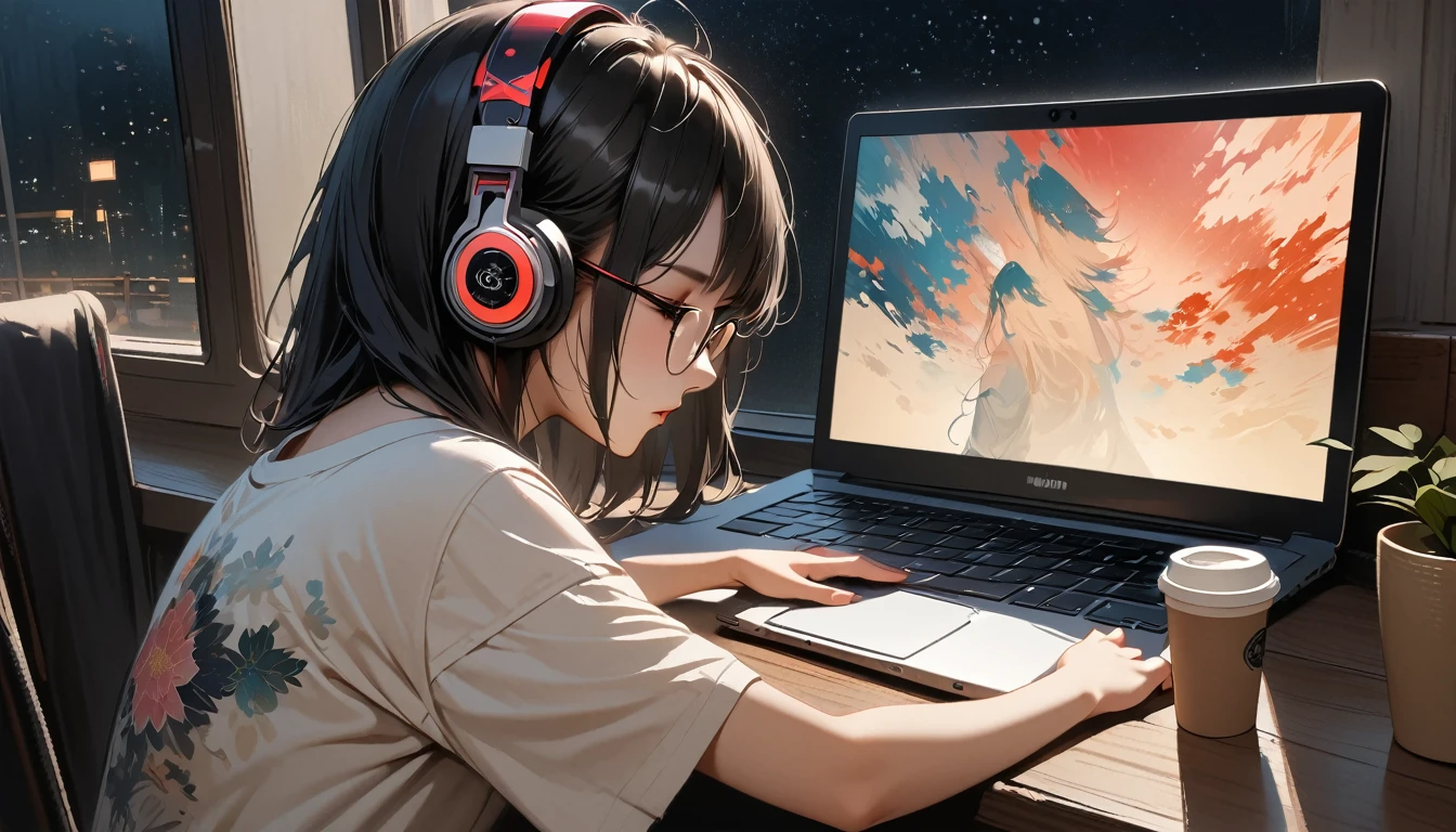 (((from behind))), ((8k of extremely detailed CG unit, Masterpiece, high resolution, highest quality, highest quality real texture skin)), (((indirect lighting))),  (((Cafe with a calm atmosphere))), (((Big window with night sky))), (((Japanese style headphones,Glasses))), ((１One Coffee)),  ((1 girl)), ((laptop)), (Japanese pattern T-shirt, denim), (Black hair, messy hair, beige skin), (surreal, digital painting)