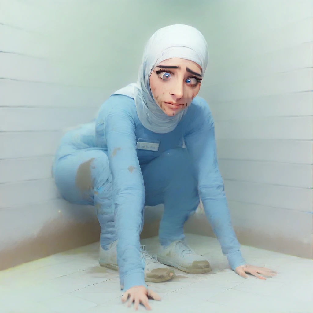 Ultra-realistic, 4k, 1girl, hot cute face, pretty face, cute eyes, hot body, wearing white hijab, blue medical scrubs pants, blue medical scrubs top with white long sleeve tshirt under it, white sneakers, nervous facial expressions, very sweaty, both hands on ass, in dirty dark public toilet, near the toilet, dirty toilet walls, dirty toilet floor, dirty toilet, dirty clothes, sweaty clothes, (((make the whole image filthy and dirty))), (((mud on the floor and mud overflowing from toilet bowl))), stinky atmosphere, filthy atmosphere, mud everywhere, mud on face, mud on pants, disgusting toilet,