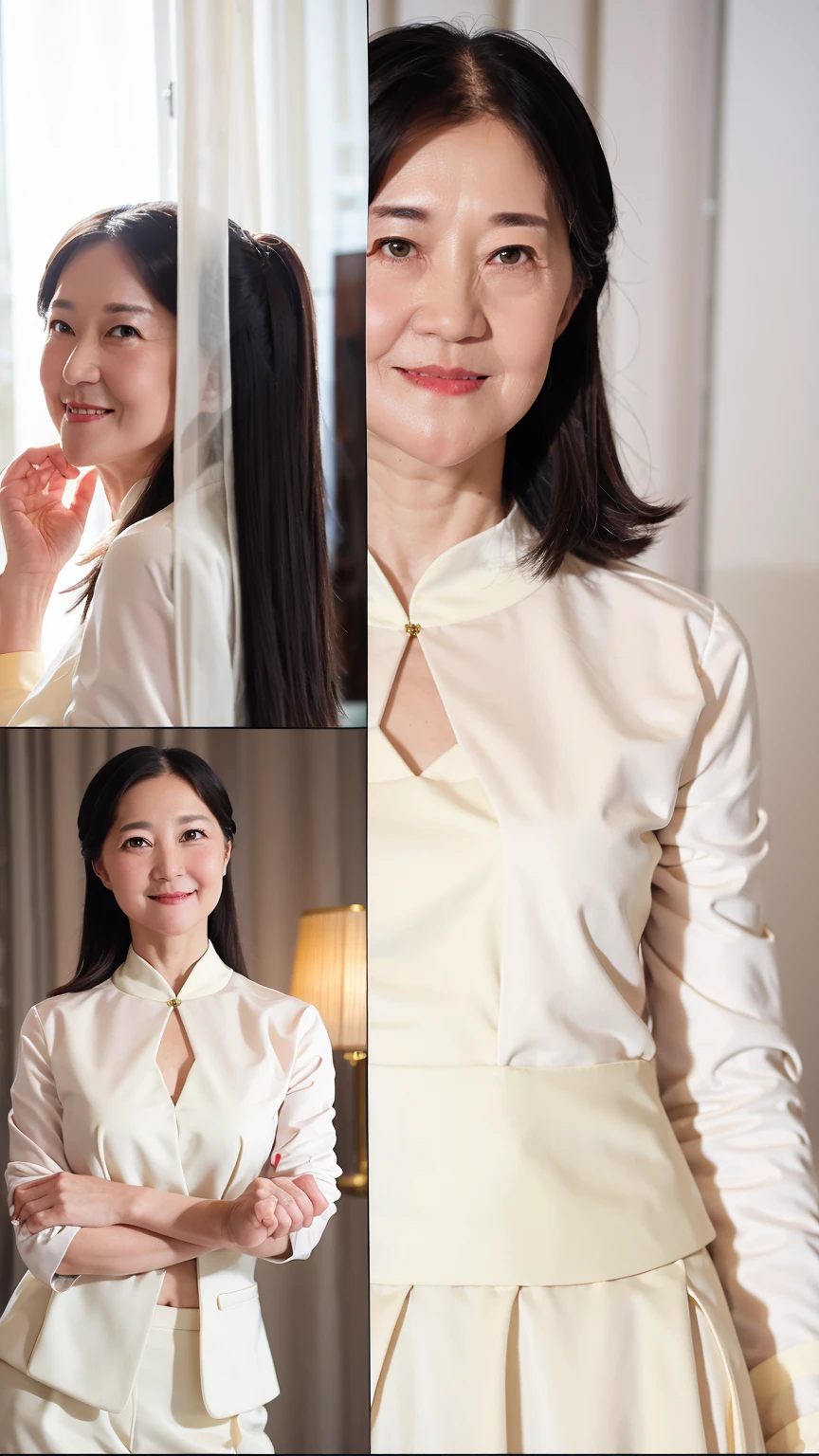 60-year-old female， Soft headlight，High-density imaging，（Clean and delicate face），((White suit))，((Various dynamic poses))，((((Half-length photo))))，((White curtains in the background))，best quality，masterpiece，（Soft colors：1.2）